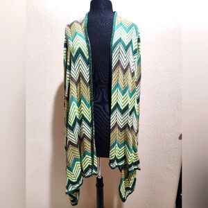 BCBG Maxaria Zig Zag Chevron Green Brown Silk Blend Open Cardigan S NWOT